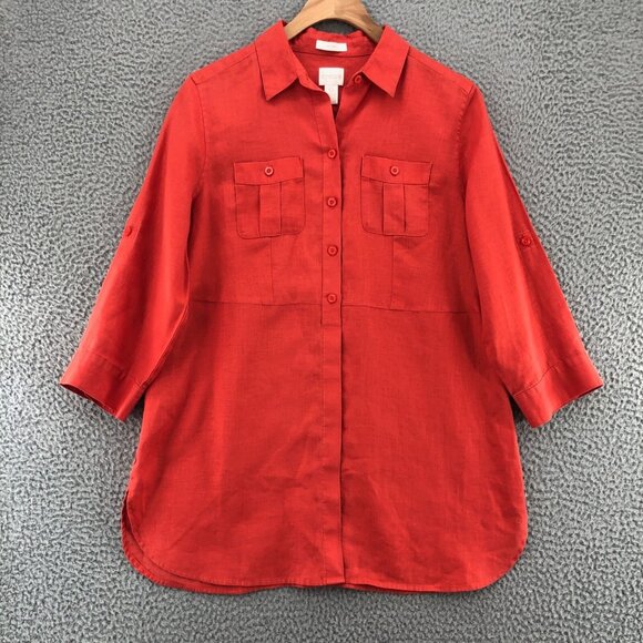 Chico's Tops - Chicos Top Womens 0 US 4 Orange No Iron Linen Pocket Roll Tab Sleeve Button Up